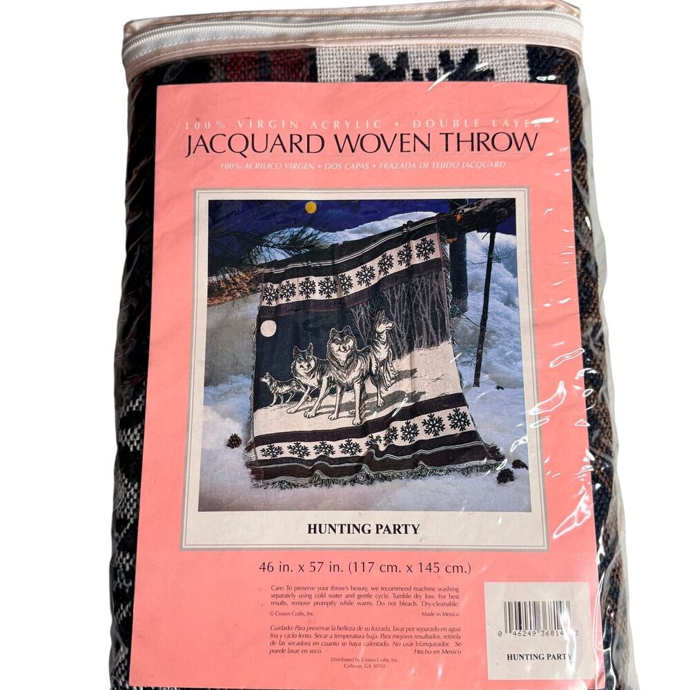 Vintage Crown Crafts Hunting Party Wolf Jacquard Woven Throw Blanket 46x57 NOS